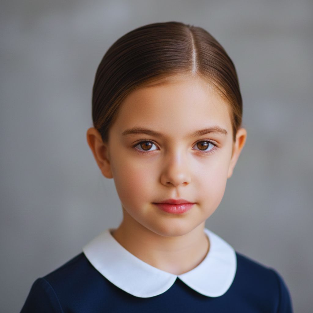 “Slicked back hairstyle for a little girl with smooth and shiny hair”