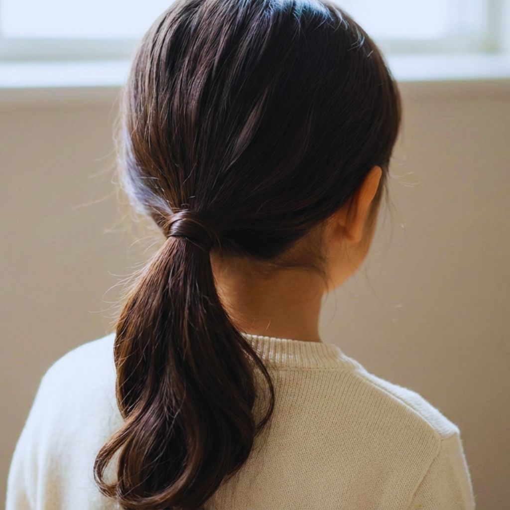 “Little girl wearing a neat low ponytail hairstyle with hair wrapped around the band”