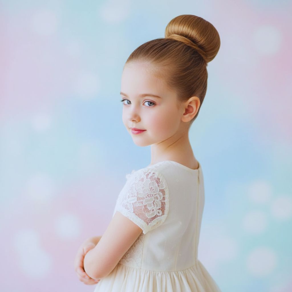 “High sock bun hairstyle for a little girl, neat and elegant ballerina-style bun”
