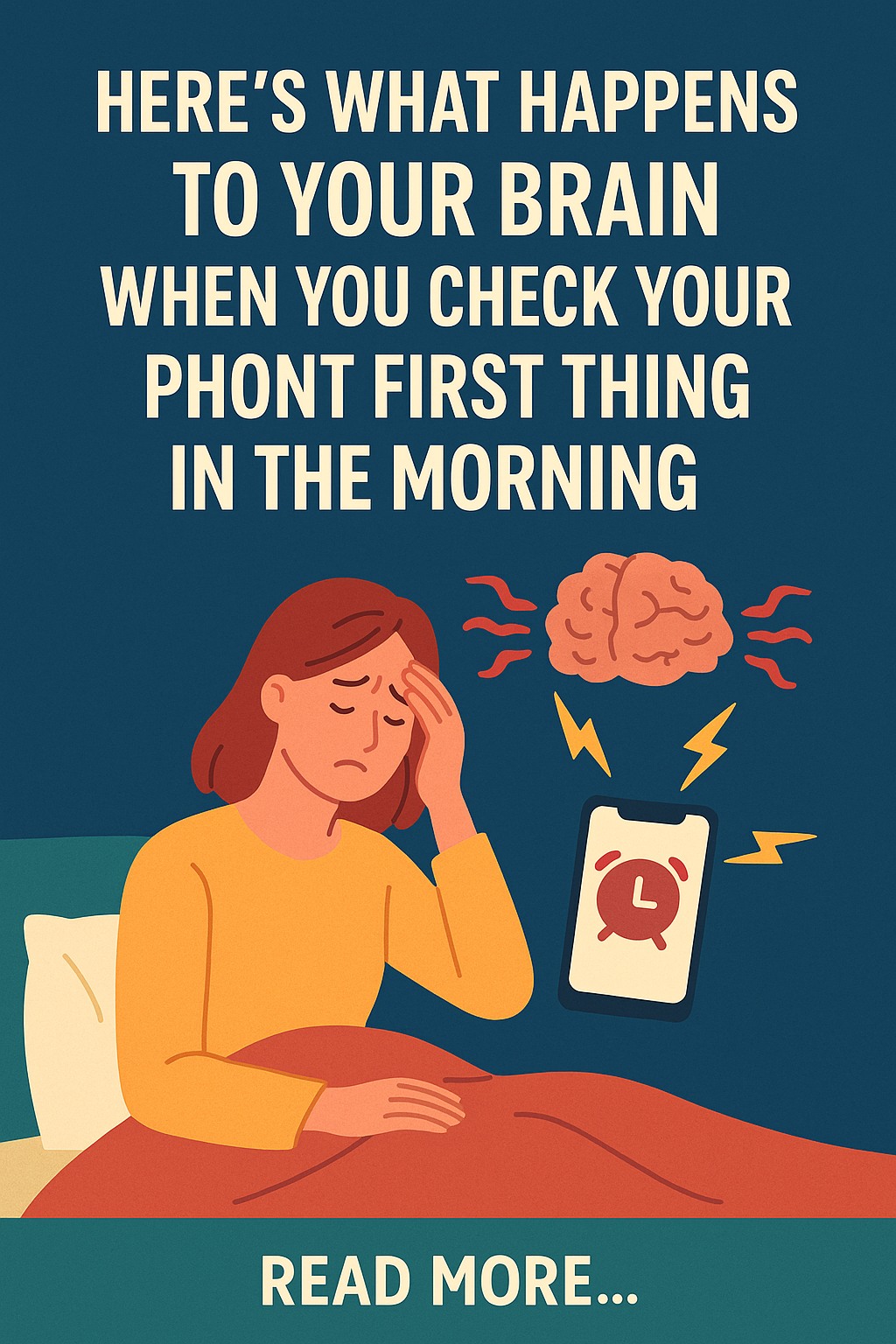 Illustration of a woman feeling overwhelmed by phone notifications in bed, representing morning screen time and brain stress