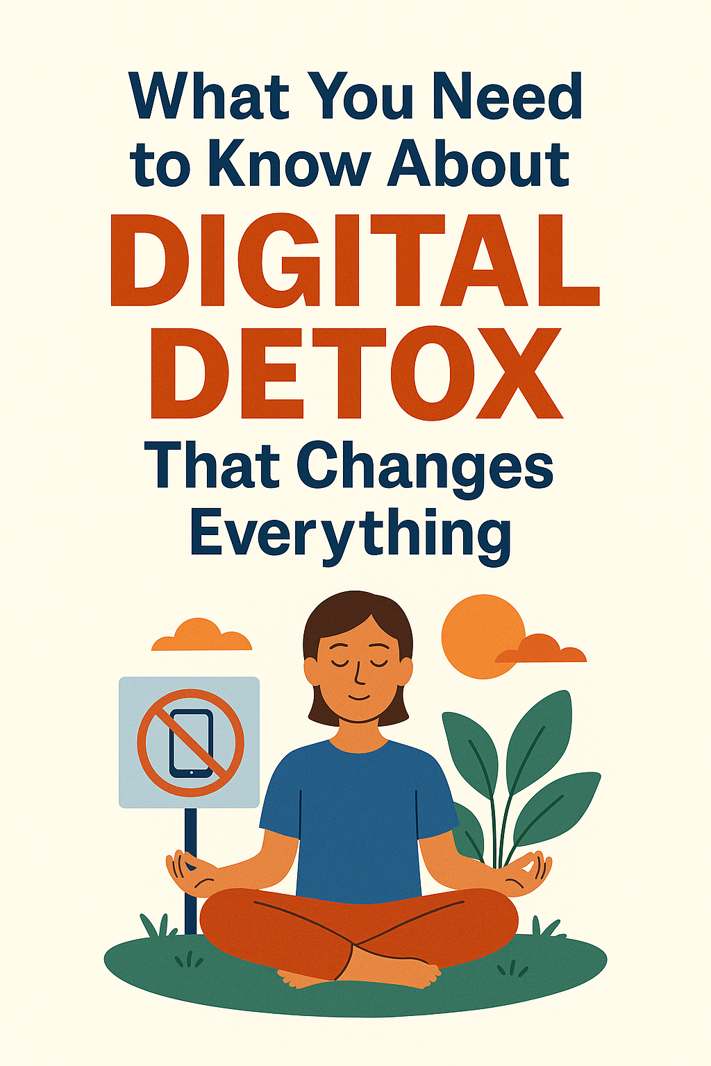 Illustration of a person unplugging from devices, embracing nature and mindfulness