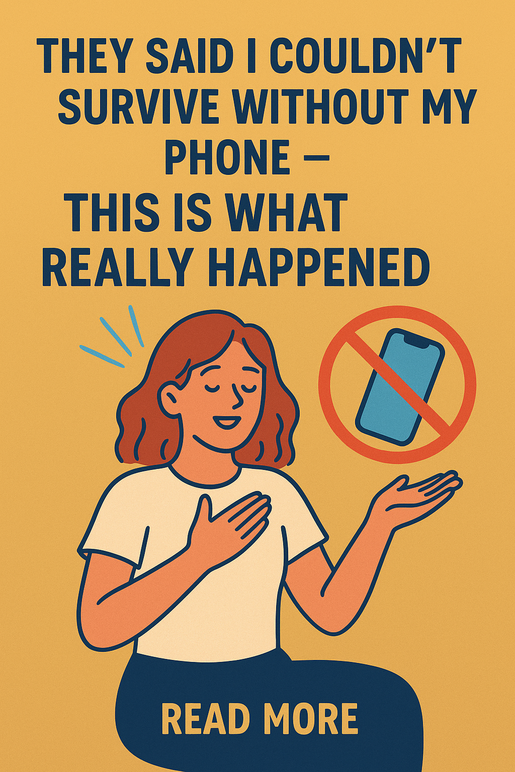 Woman smiling with relief and surprise after surviving without her phone, holding a no-phone sign