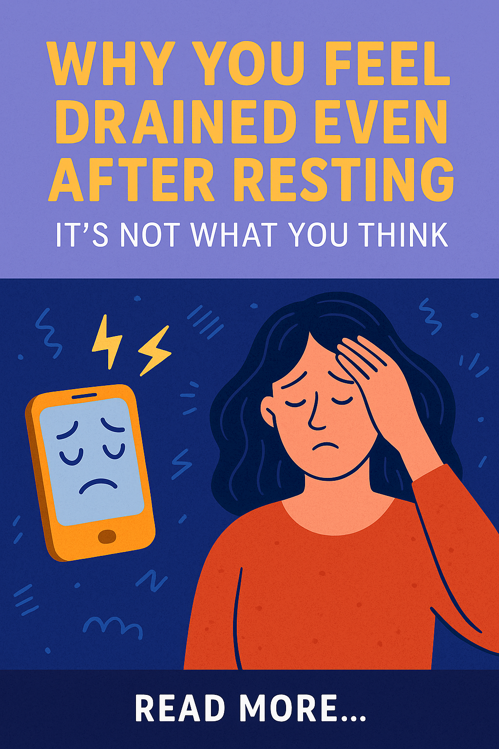 Illustration of a tired woman and a fatigued smartphone representing mental exhaustion and digital overload