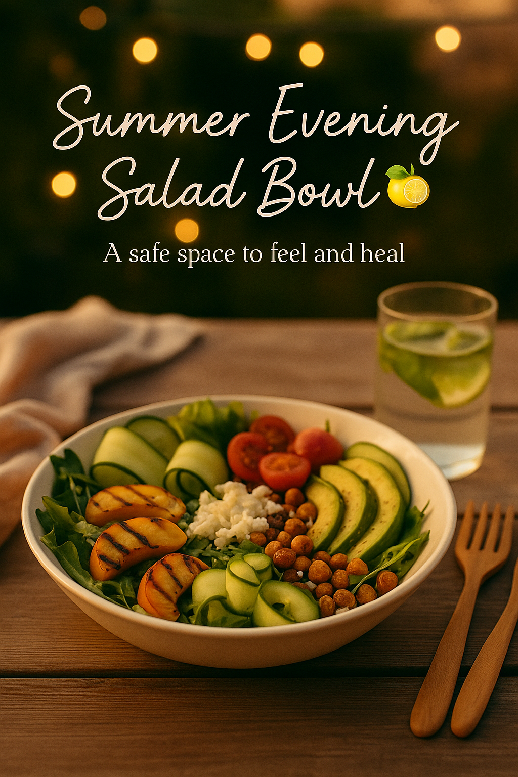 A colorful summer salad bowl on a wooden outdoor table at golden hour, featuring lettuce, arugula, cherry tomatoes, avocado, grilled peaches, cucumber ribbons, roasted chickpeas, feta cheese, and lemon vinaigrette, with wooden cutlery and a glass of infused water beside it under soft fairy lights.