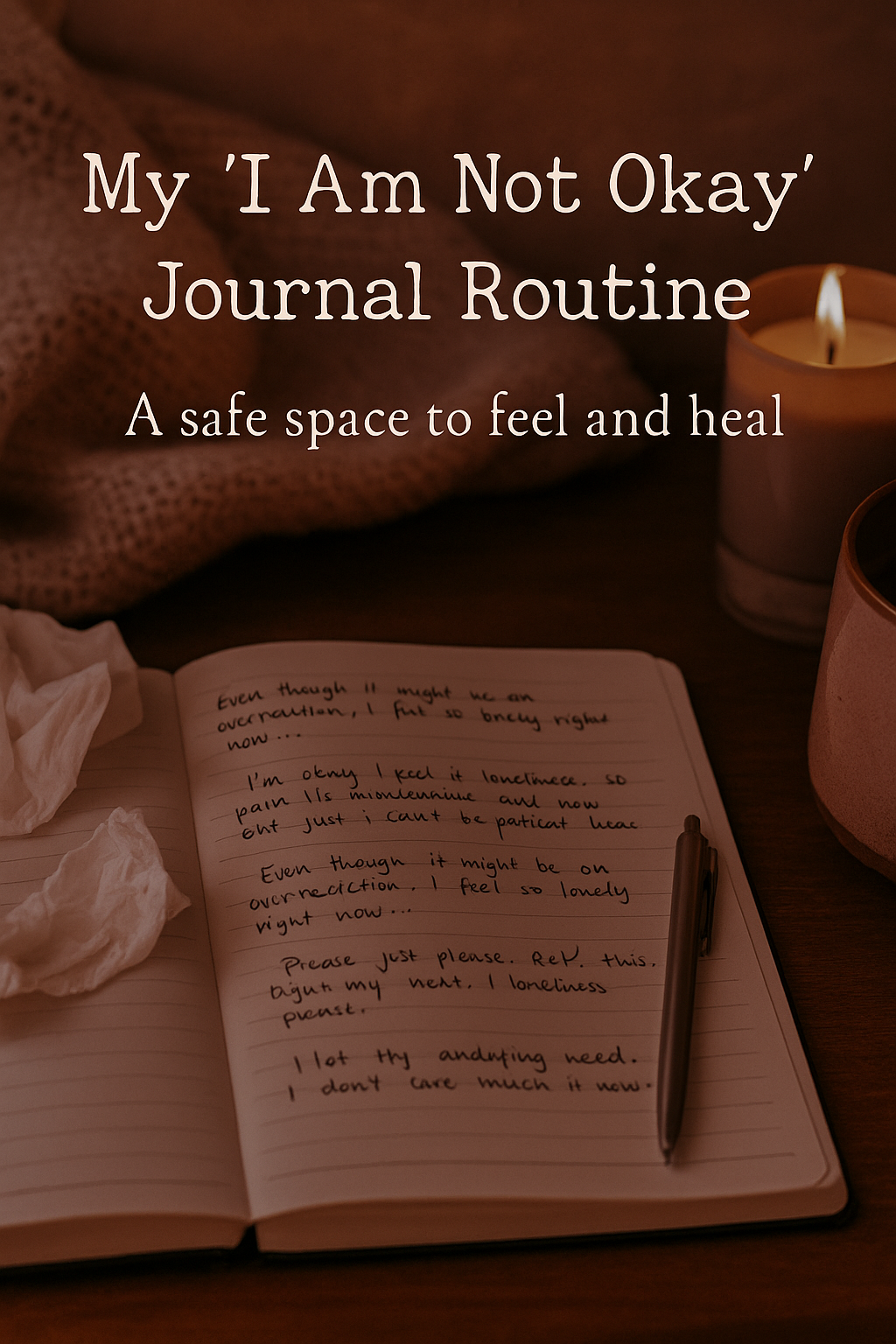 A moody, cozy flat-lay featuring an open journal with handwritten emotional notes, soft tissues, a flickering candle, and a warm drink on a blanket. The scene is bathed in dim lighting with dusty rose and beige tones, evoking a sense of late-night emotional healing and self-reflection.