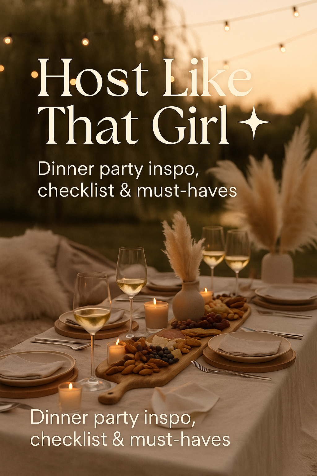 A dreamy golden hour outdoor dinner setup with beige linen tablecloths, pampas grass centerpieces, fairy lights, candles, and wooden serving boards. Wine glasses and elegant tableware add to the cozy, boho-chic atmosphere.