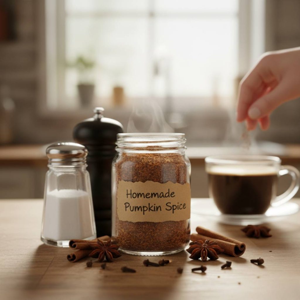 Homemade Pumpkin Spice Blend in a glass jar with cinnamon, star anise, and coffee on a wooden table