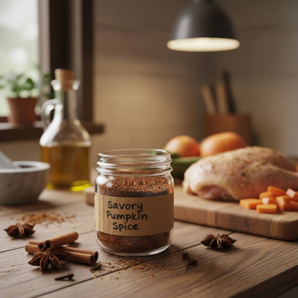Savory Pumpkin Spice Rub seasoning blend in a bowl with spices and herbs.