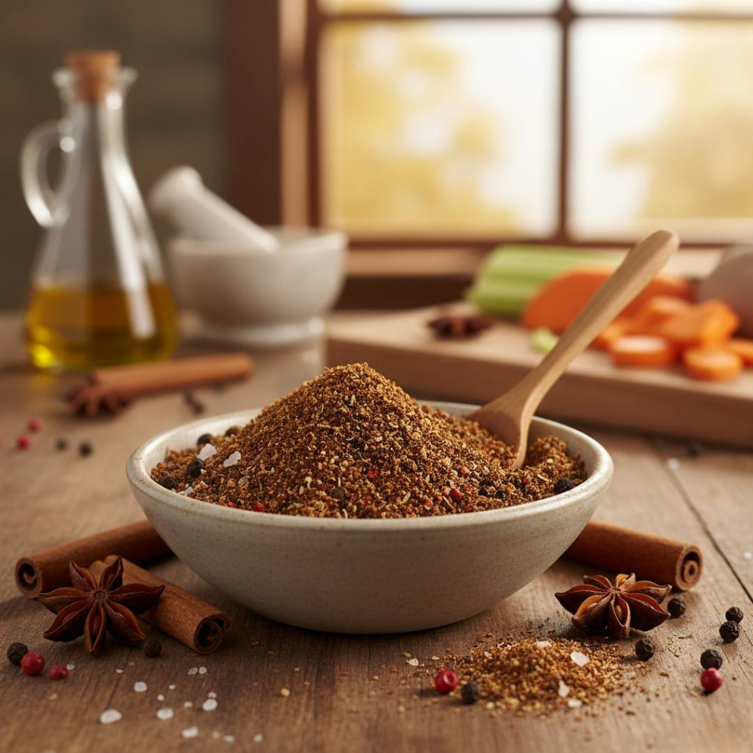 Savory Pumpkin Spice Rub seasoning blend in a bowl with spices and herbs.