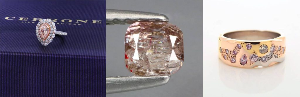 "Collage of Australian Argyle pink diamond jewellery featuring a pear-shaped diamond ring, loose pink diamond gemstone, and modern gold ring with pink diamond accents. Perfect for luxury and rare Australian jewellery blogs."