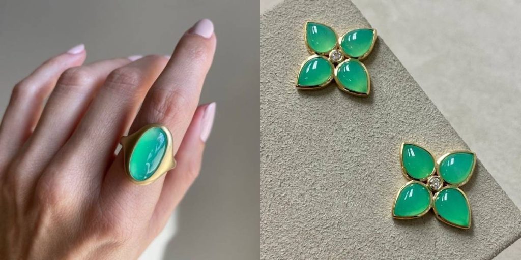 Collage of Australian Chrysoprase jewellery showing a green gemstone ring with a gold band and matching floral earrings with four chrysoprase petals and a central diamond.