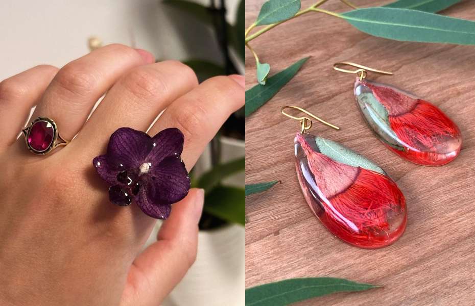 Collage of Australian floral jewelry with a purple orchid statement ring and resin earrings made from red eucalyptus flowers, showcasing nature-inspired designs."