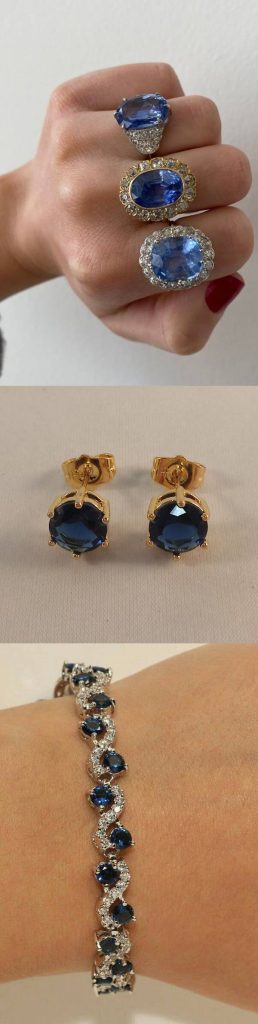 "A collage of Australian jewellery with blue sapphires including three gemstone rings, gold sapphire earrings, and a silver bracelet set with sapphires and diamonds."
