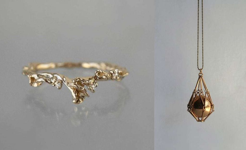 Collage of Australian modern jewellery designs including a textured gold ring and a pendant with a geometric frame, symbolizing minimalist yet artistic fashion.