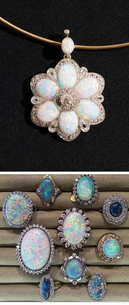 "A collage of Australian opal jewellery including a floral opal pendant set in diamonds and multiple opal rings with vibrant color play."