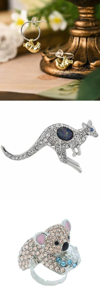 Collage of Australian jewellery with animal symbols, including gold koala hoop earrings, a silver kangaroo brooch with opal, and a crystal-studded koala ring.
