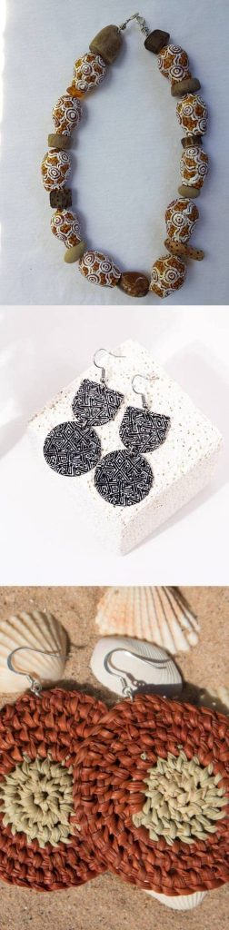 Collage of Australian tribal jewelry featuring a beaded necklace, black patterned earrings, and woven natural-fiber earrings.