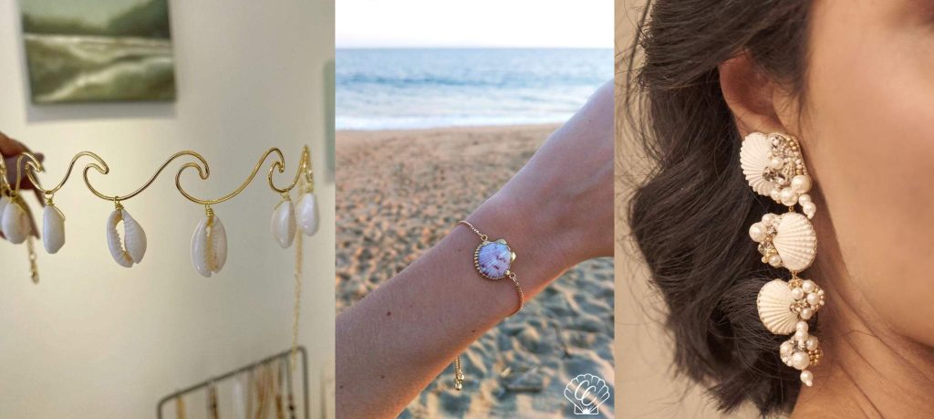 "A collage of Australian shell-inspired jewellery including a gold bracelet with cowrie shells, a scallop shell bracelet, and statement seashell earrings." 