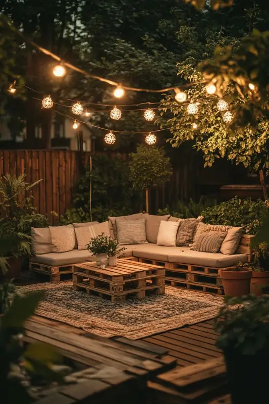 Backyard with pallet sofa and fairy lights creating a cozy outdoor space.