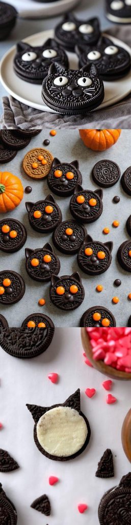 “Collage of Halloween black cat cookies made with Oreo bases, candy eyes, and frosting whiskers designed to look like spooky black cats.”