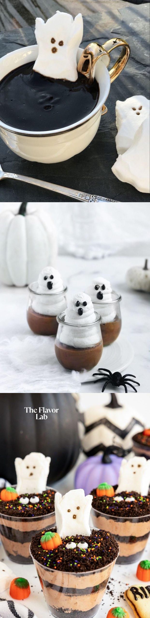 Collage of black chocolate mousse Halloween cups decorated with ghost marshmallows, Oreo cookie crumbs, whipped cream ghosts, and candy pumpkins.”