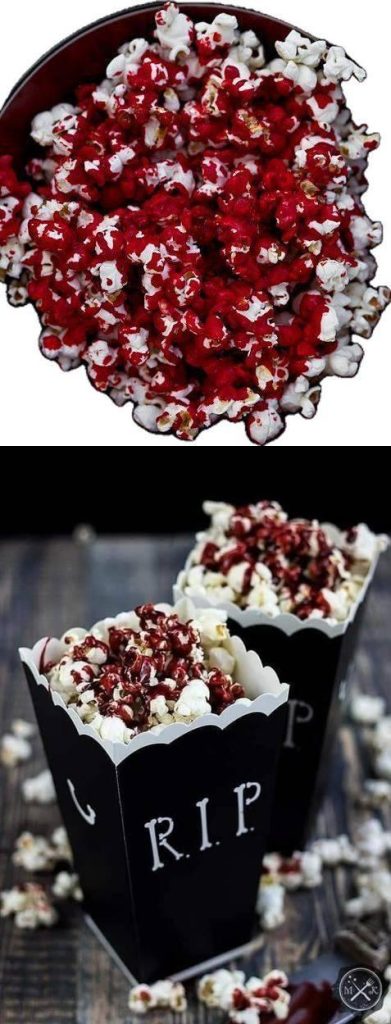 Collage of spooky Halloween bloody popcorn in black buckets with ‘RIP’ tombstones and bowls drizzled with red syrup for a creepy Halloween party snack.”