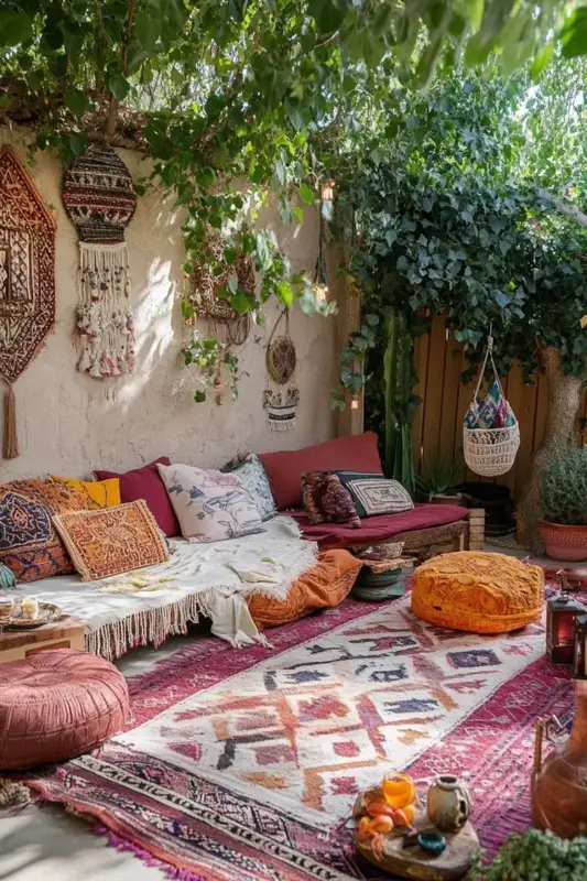DIY backyard makeover with layered rugs, pillows, and cozy boho-style seating.
