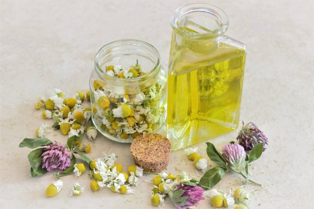 Alt Text: Chamomile essential oil with dried chamomile flowers and glass jar.