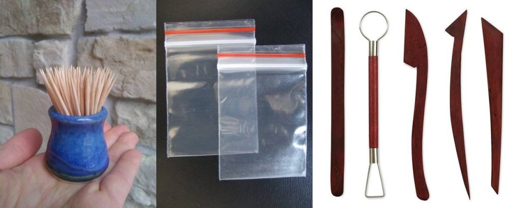 Collage of toothpicks in a ceramic holder, transparent zip bags, and wooden clay sculpting tools arranged for pottery work.