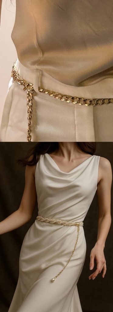Collage showing two gold chain belts — one paired with white pants and the other accenting a silky dress.