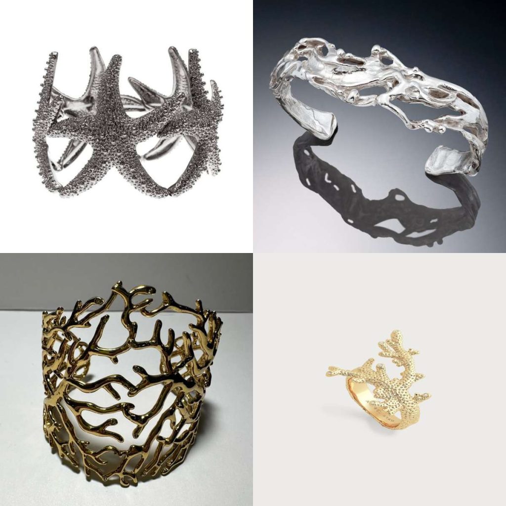 Alt Text: "Collage of coral-inspired Australian jewellery including a textured gold coral ring, a silver coral bangle, a wide gold coral cuff bracelet, and a silver starfish bracelet. Modern ocean-inspired jewellery designs."