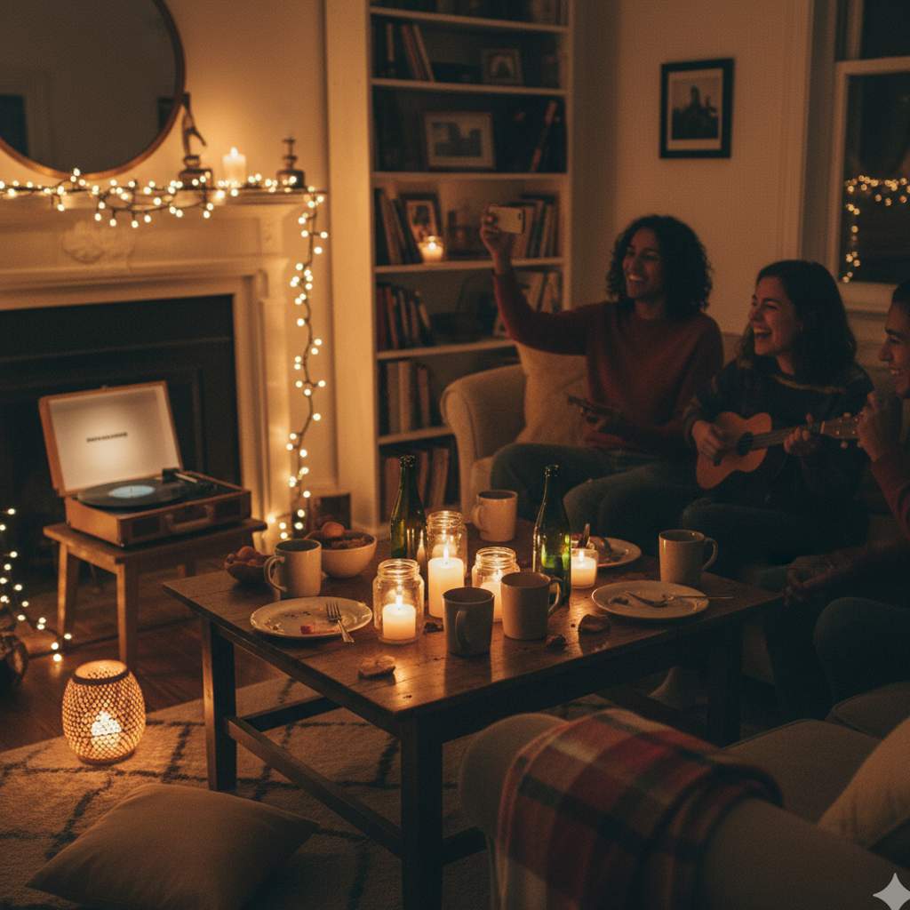 Warm autumn gathering with friends enjoying music, candles, string lights, and cozy ambiance in a rustic living room.