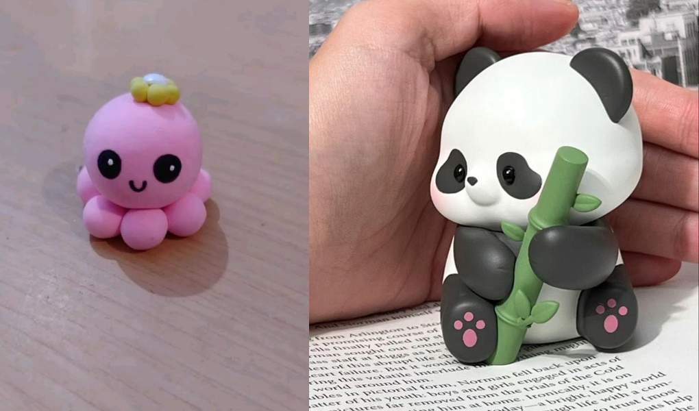 Collage of two foam clay crafts: a pink octopus figure with a flower on its head, and a panda holding a green bamboo stick