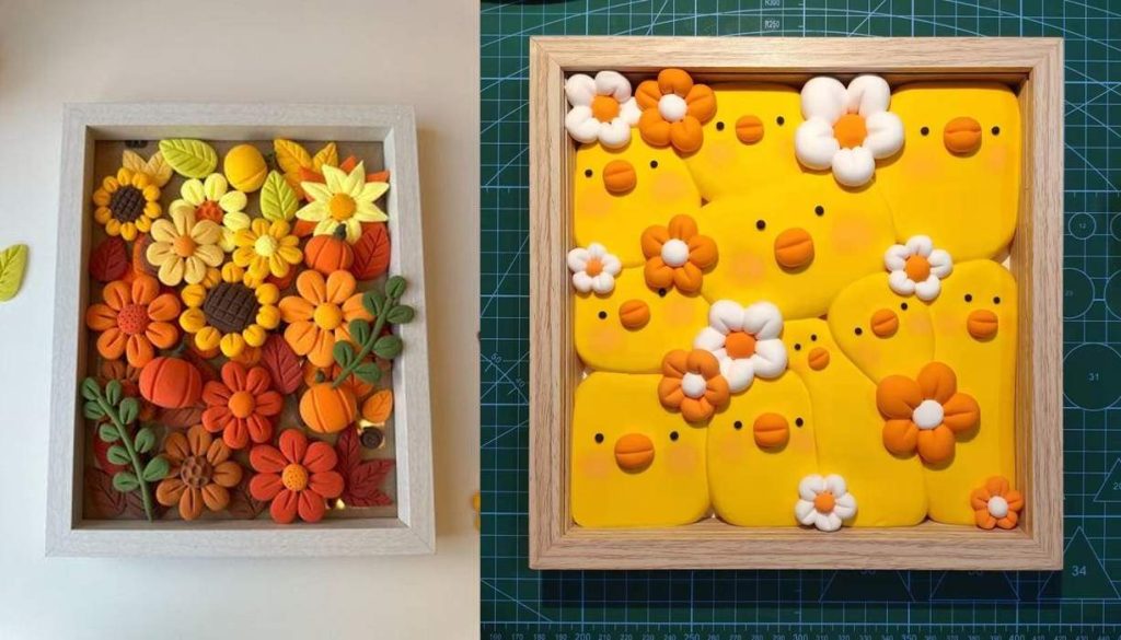 “Collage of two foam clay art frames: one with colorful flowers, pumpkins, and leaves in autumn shades, and the other featuring yellow ducklings decorated with orange and white flowers.”