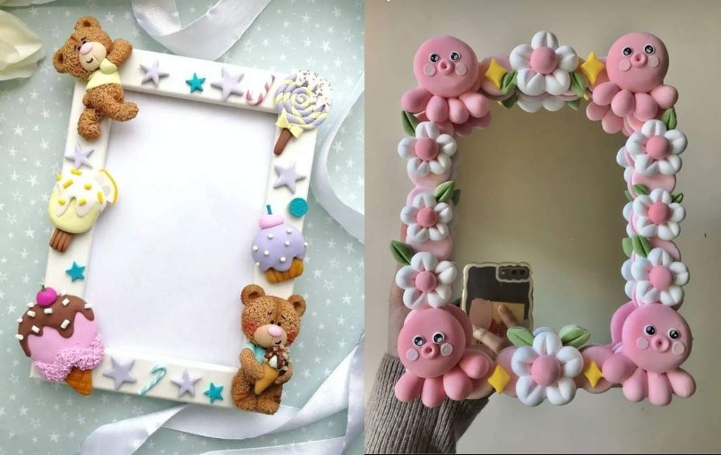 “Collage of two foam clay frames: one decorated with teddy bears, cupcakes, and stars; the other with pink octopus figures and white flower designs