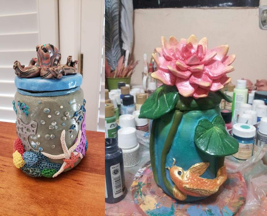 Collage of two foam clay jars: one with a sculpted octopus on the lid and coral reef decorations, the other featuring a pink lotus flower lid with a golden koi fish and green leaves.”