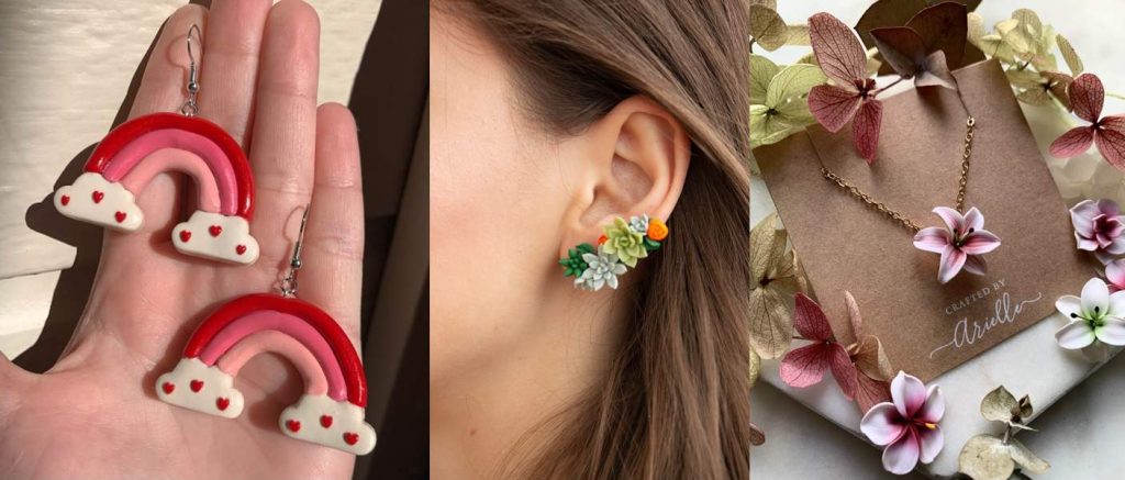 “Collage of three foam clay jewelry pieces: rainbow earrings with heart details, floral succulent ear studs, and a pink flower pendant necklace displayed with dried flowers.”