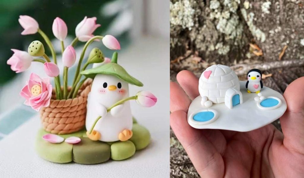 “Collage of two foam clay penguin crafts: one featuring a penguin holding a pink lotus flower beside a woven basket, and the other showing a small penguin next to a white igloo with blue ponds and a pink heart.”