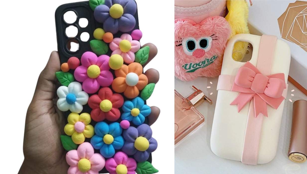 Collage of two foam clay phone cases: the first is white with a pink bow designed like a gift box, and the second is a black case decorated with bright multicolored foam clay flowers.”