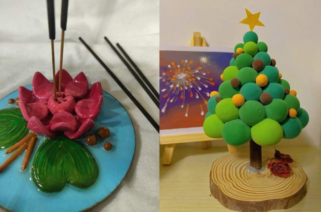 Collage of two foam clay projects: a pink lotus incense holder on a blue base, and a green Christmas tree with colorful ornaments on a wooden stand.”