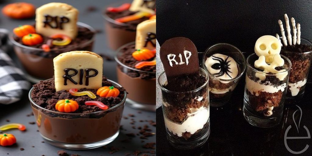 Collage of Halloween graveyard pudding cups topped with Oreo crumbs, candy pumpkins, and cookie tombstones decorated with spooky designs.”