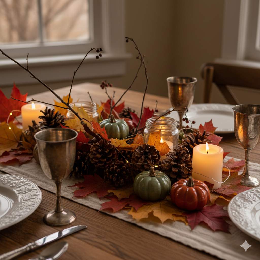 OctobRustic autumn harvest dinner party table with candles, pumpkins, pinecones, and colorful fall leaves creating a cozy ambiance.er harvest party tips.html