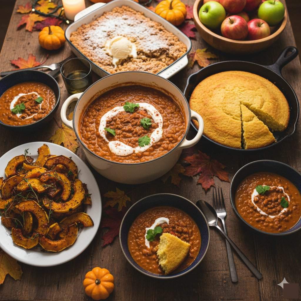 Budget-friendly autumn harvest dinner spread with pumpkin chili, cornbread, roasted squash, apple crisp, and fresh apples on a rustic wooden table