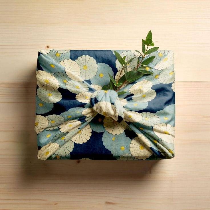 Japanese furoshiki cloth gift wrapping with floral fabric tied neatly with greenery.