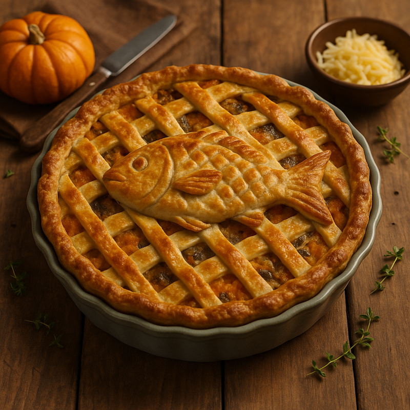 Alt Text: Golden-brown herring and pumpkin pie with a flaky crust and fish design, inspired by Kiki’s Delivery Service.