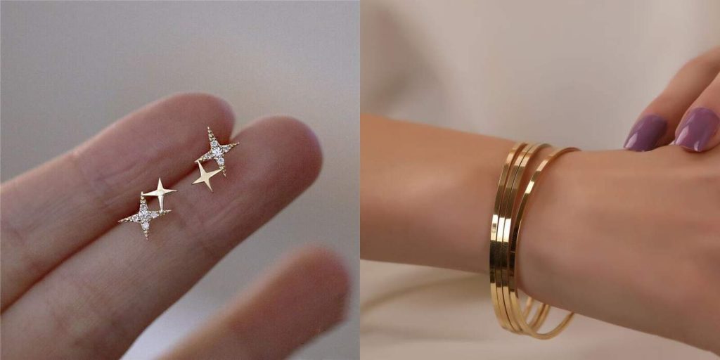 A collage featuring delicate star-shaped gold earrings with diamonds and sleek layered gold bangles on a wrist.