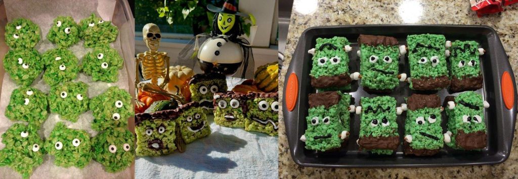 “Collage of Halloween Monster Rice Krispies treats decorated as spooky green monsters, purple creatures, and Frankenstein squares with candy eyes.”