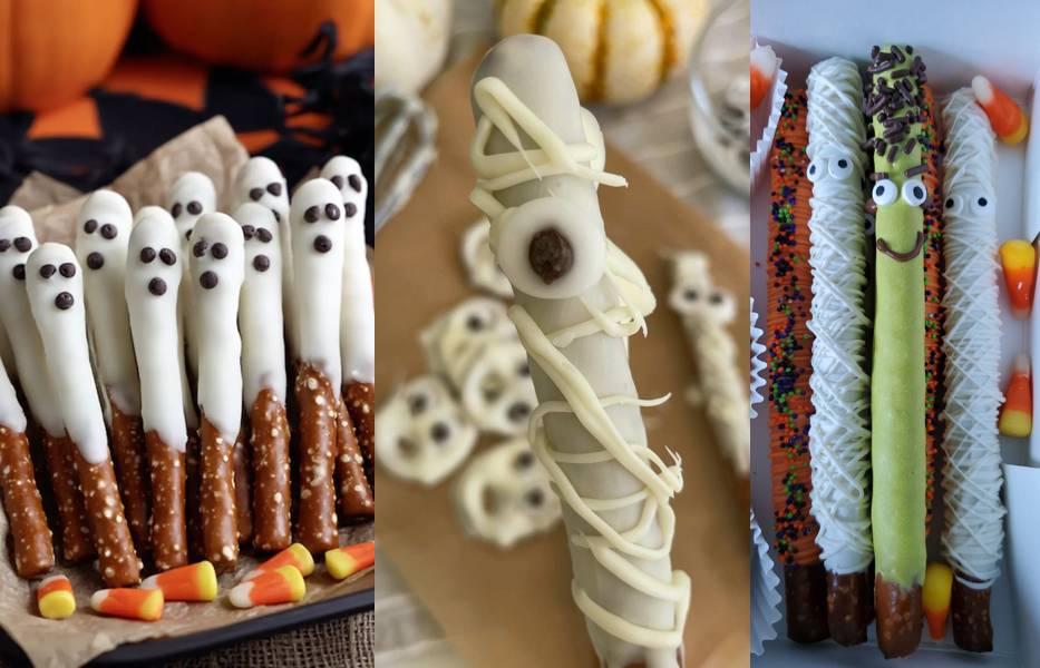 Collage of Halloween mummy pretzel sticks dipped in white chocolate, drizzled to look like bandages, and decorated with candy eyes