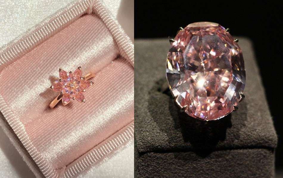 "A collage of two pink diamond rings, one floral-inspired pink gemstone ring in a pink box and another oval-cut pink diamond ring displayed on a stand."