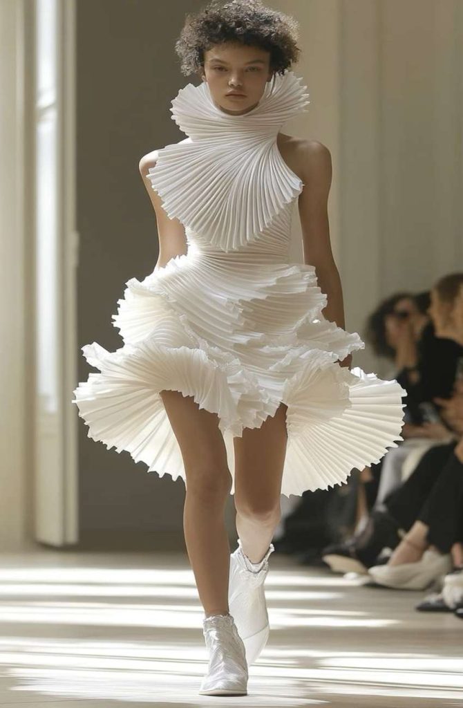 “Model wearing a sculptural white pleated mini dress with dramatic high collar and layered ruffles on the runway at NYFW Spring/Summer 2026.”
